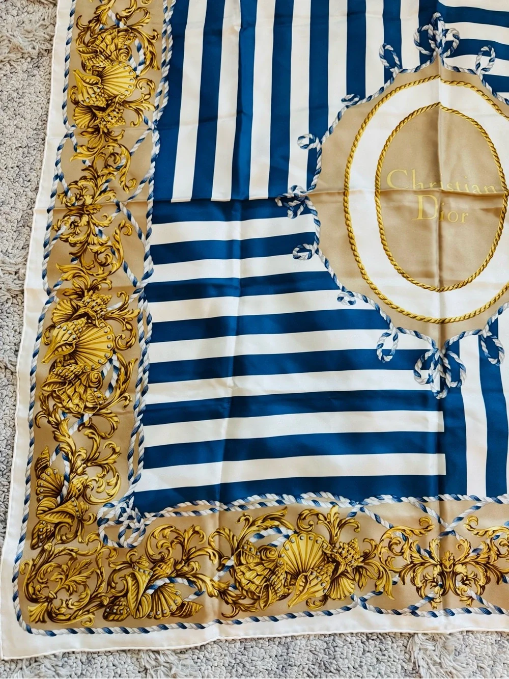 Authentic Dior Blue White and Gold Printed Silk Scarf